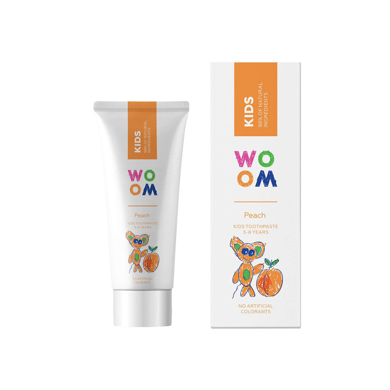 WOOM dantų pasta vaikams KIDS PEACH, persikų skonio, 3–8 m., 50 ml